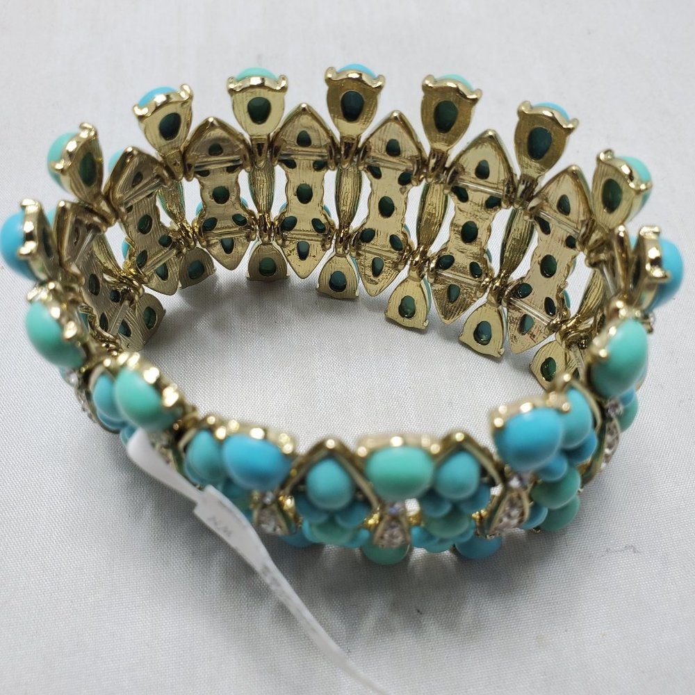 Neiman Marcus turquoise beaded with  rhinestones gold stretch bracelet 2" - Picture 7 of 8